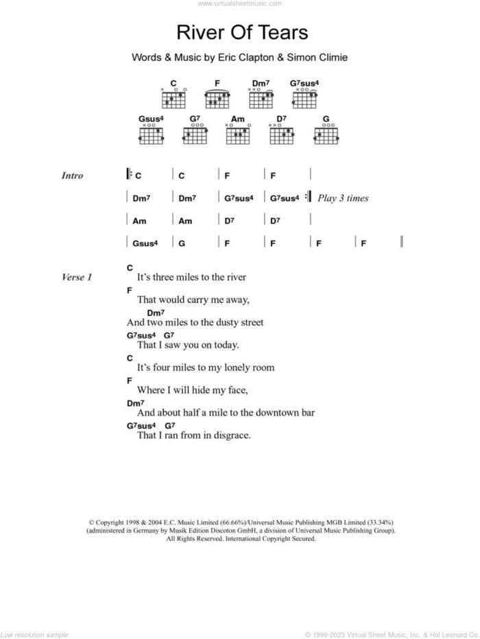 River Of Tears sheet music for guitar (chords) by Eric Clapton and Simon Climie, intermediate skill level