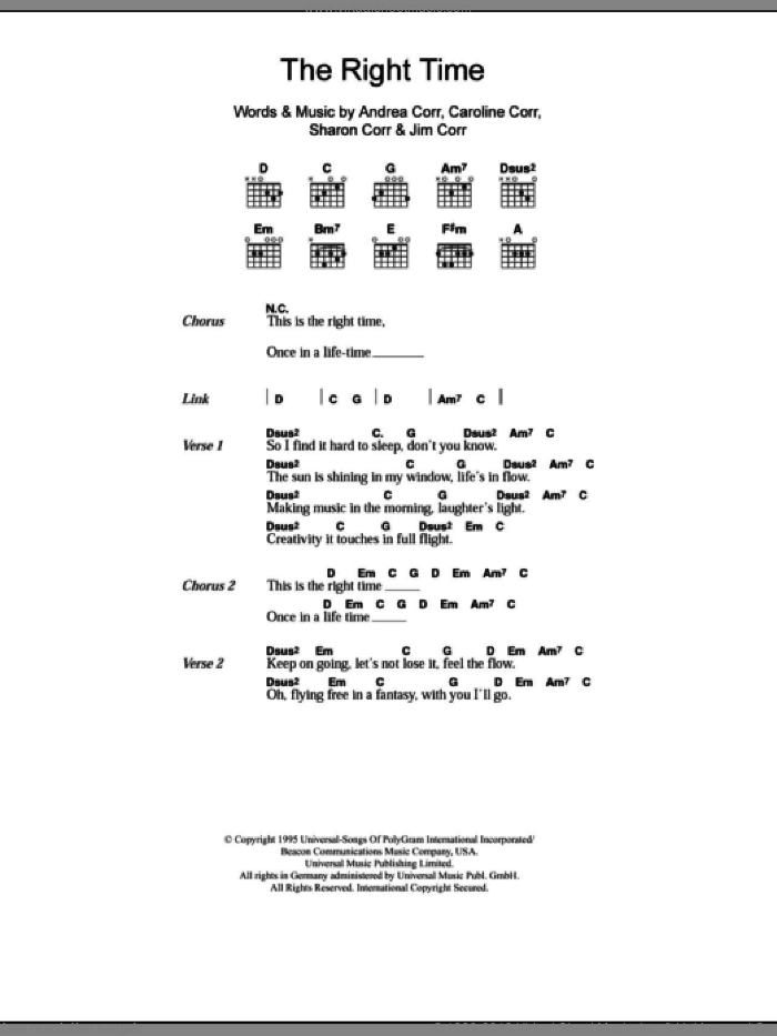 The Right Time sheet music for guitar (chords) by The Corrs, Andrea Corr, Caroline Corr, Jim Corr and Sharon Corr, intermediate skill level