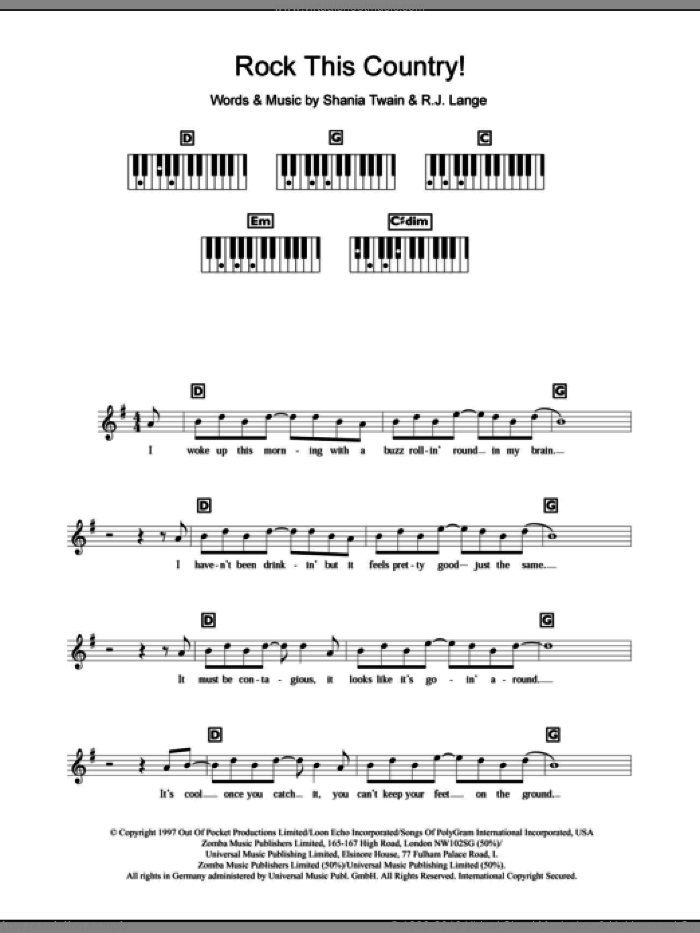 Rock This Country! sheet music for piano solo (chords, lyrics, melody) by Shania Twain and Robert John Lange, intermediate piano (chords, lyrics, melody)
