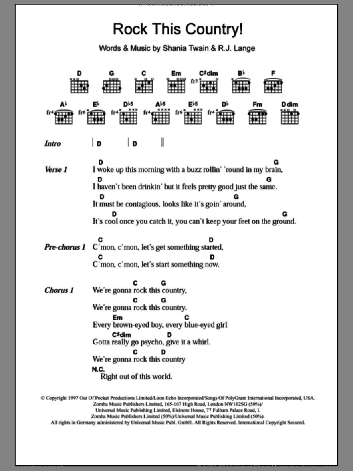 Rock This Country! sheet music for guitar (chords) by Shania Twain and Robert John Lange, intermediate skill level