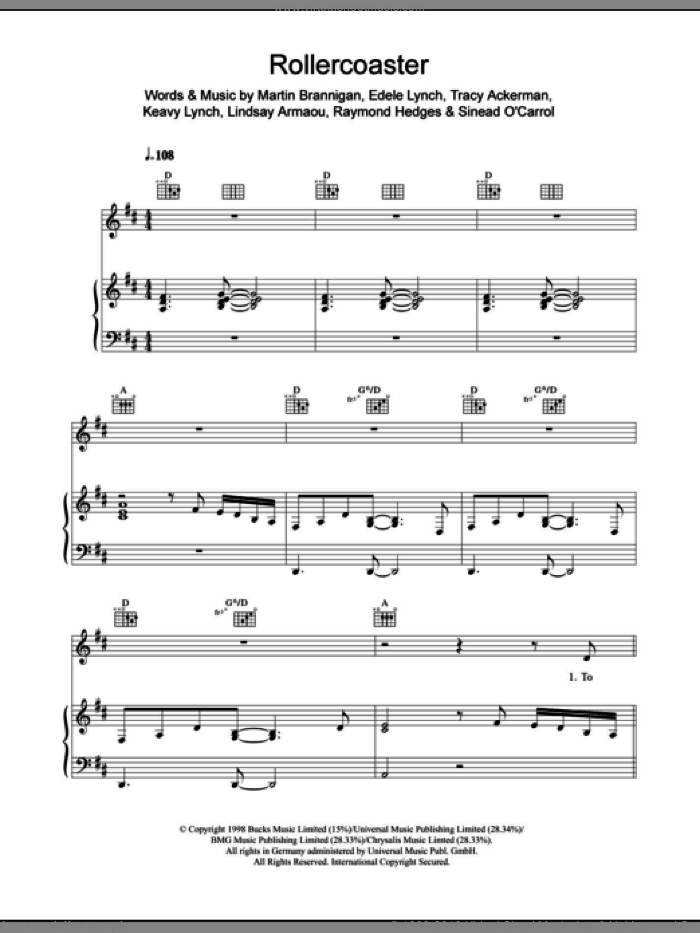 Rollercoaster sheet music for voice, piano or guitar by Bewitched, Edele Lynch, Keavy Lynch, Lindsay Armaou, Martin Brannigan, Raymond Hedges and Tracy Ackerman, intermediate skill level