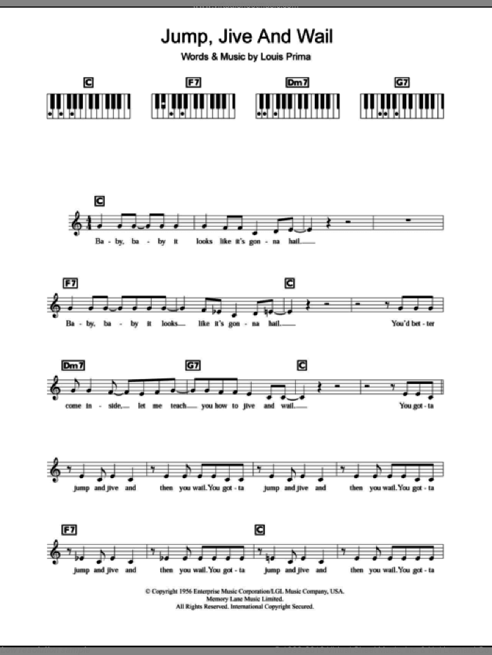 Jump, Jive An' Wail sheet music for piano solo (chords, lyrics, melody) by Louis Prima, intermediate piano (chords, lyrics, melody)