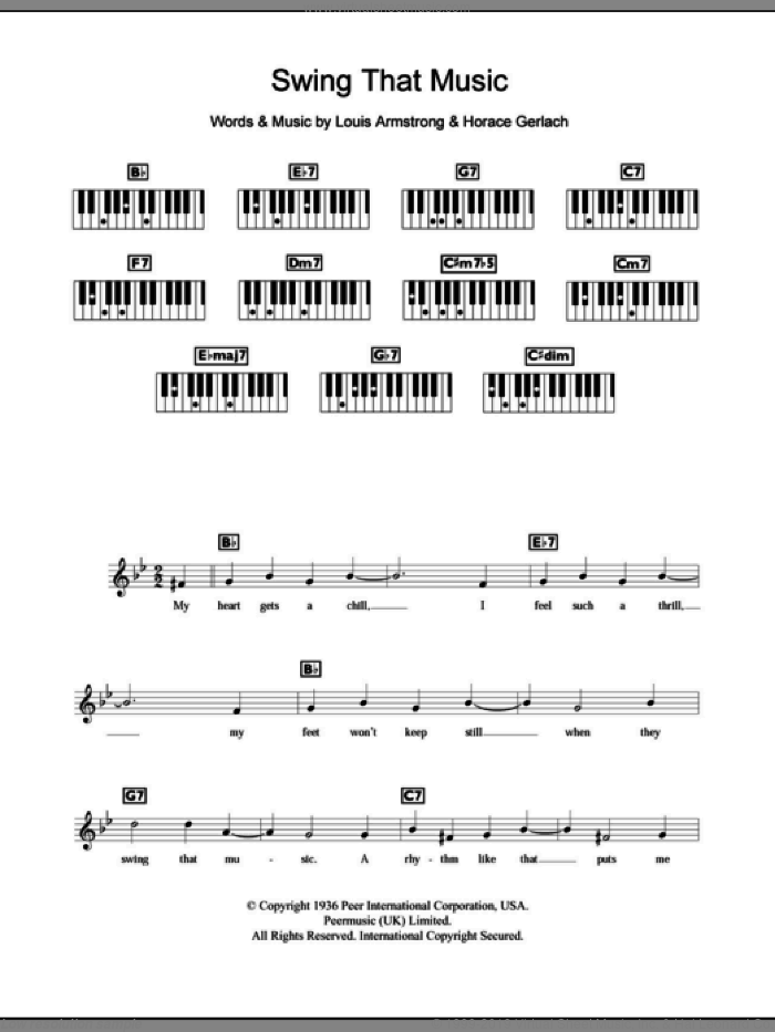 Swing That Music sheet music for piano solo (chords, lyrics, melody) by Louis Armstrong and Horace Gerlach, intermediate piano (chords, lyrics, melody)