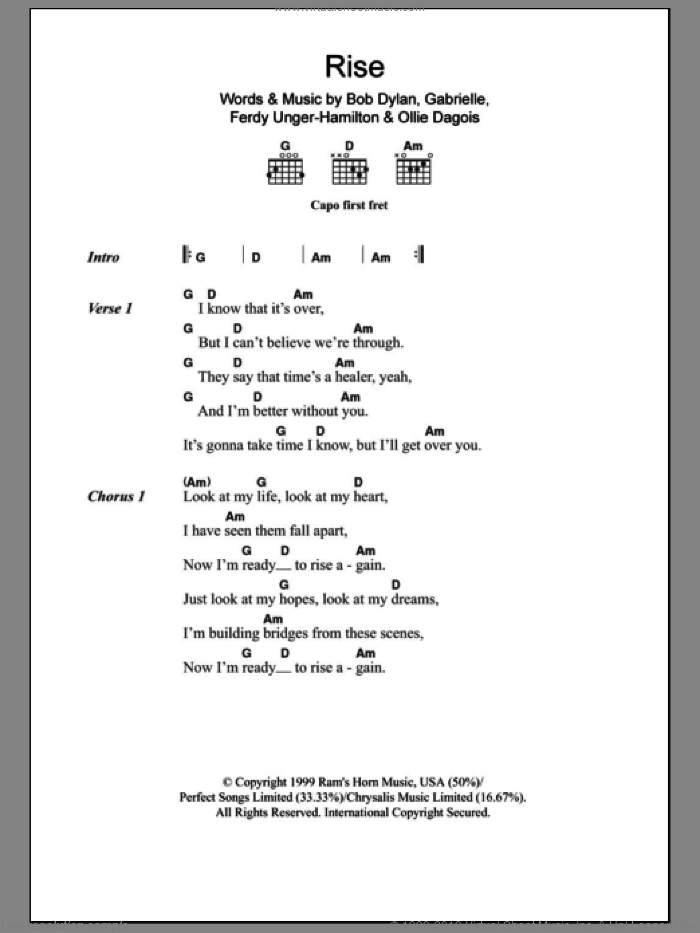 Rise sheet music for guitar (chords) by Gabrielle, Bob Dylan, Ferdy Unger-Hamilton and Ollie Dagois, intermediate skill level