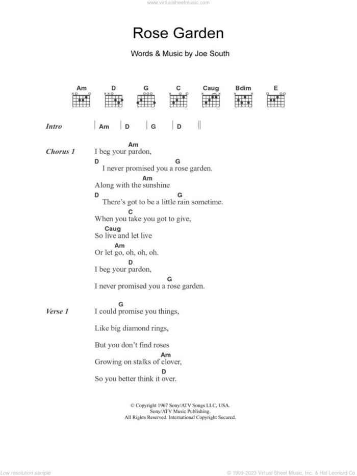 Rose Garden sheet music for guitar (chords) by Lynn Anderson and Joe South, intermediate skill level