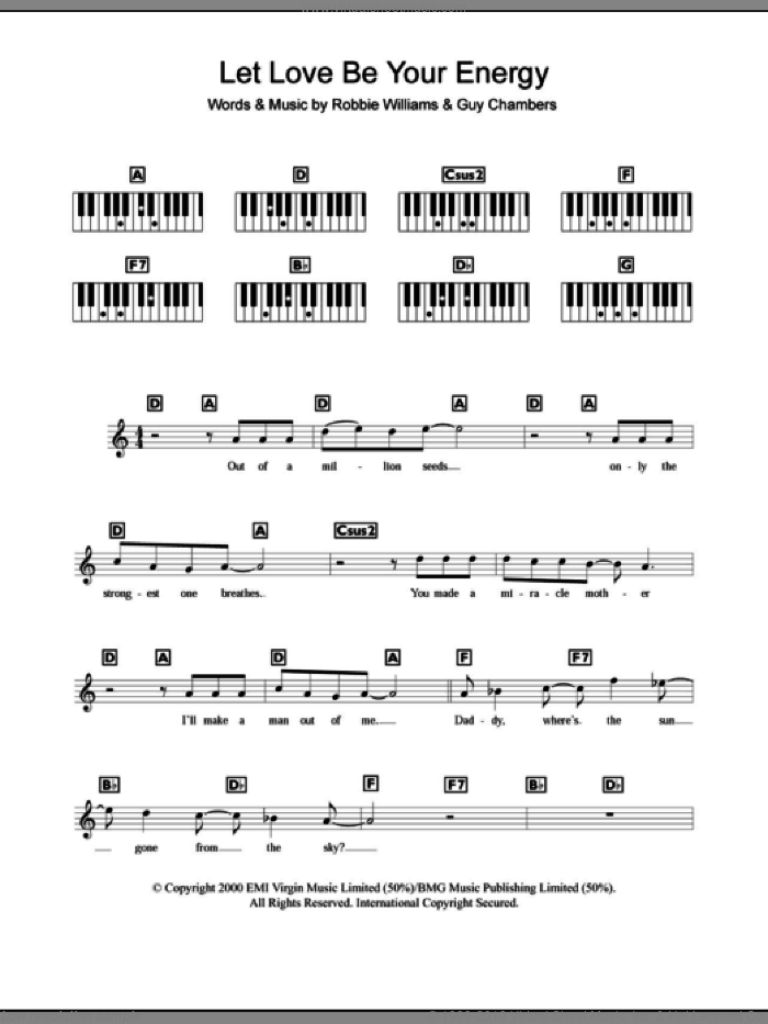 Let Love Be Your Energy sheet music for piano solo (chords, lyrics, melody) by Robbie Williams and Guy Chambers, intermediate piano (chords, lyrics, melody)