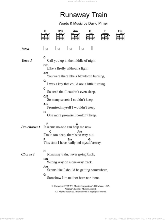 Runaway Train sheet music for guitar (chords) by Soul Asylum and David Pirner, intermediate skill level