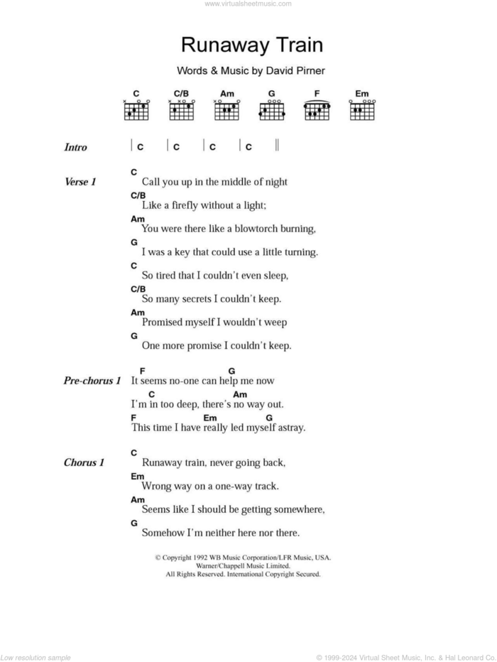 Runaway Train sheet music for guitar (chords) by Soul Asylum and David Pirner, intermediate skill level