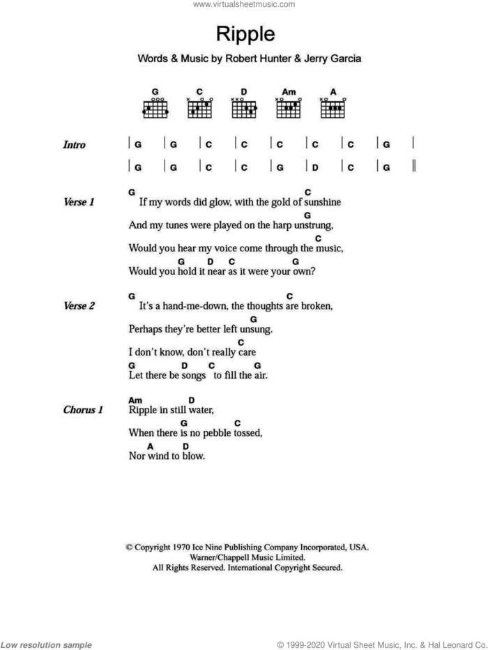 Ripple sheet music for guitar (chords) by Grateful Dead, Jerry Garcia and Robert Hunter, intermediate skill level