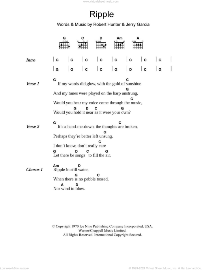 Ripple sheet music for guitar (chords) by Grateful Dead, Jerry Garcia and Robert Hunter, intermediate skill level