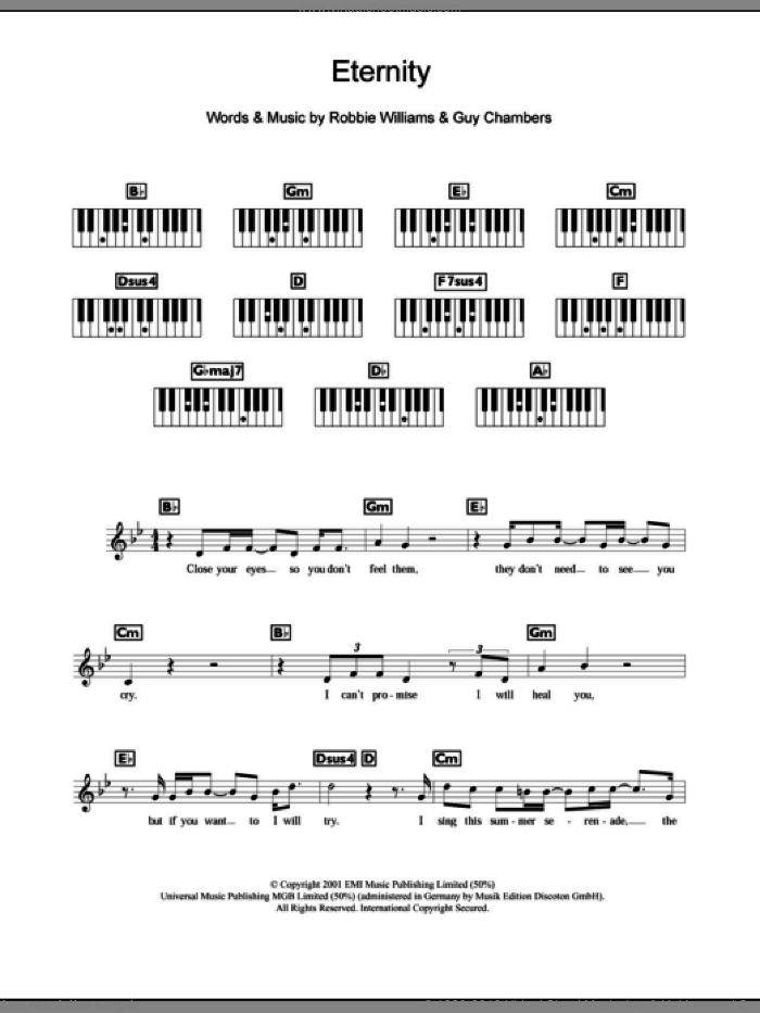 Eternity sheet music for piano solo (chords, lyrics, melody) by Robbie Williams and Guy Chambers, intermediate piano (chords, lyrics, melody)