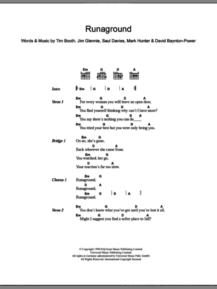 Runaground sheet music for guitar (chords) by Alex James, David Baynton-Power, Jim Glennie, Mark Hunter, Saul Davies and Tim Booth, intermediate skill level