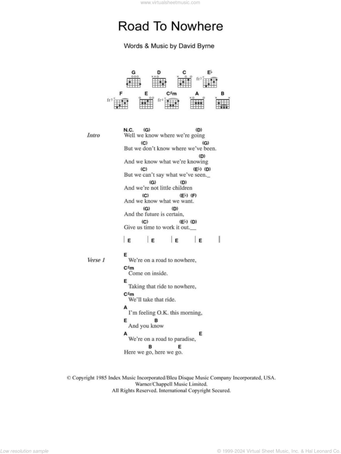 Road To Nowhere sheet music for guitar (chords) by Talking Heads and David Byrne, intermediate skill level