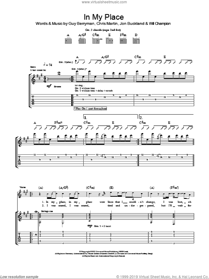 In My Place sheet music for guitar (tablature) by Coldplay, Chris Martin, Guy Berryman, Jon Buckland and Will Champion, intermediate skill level