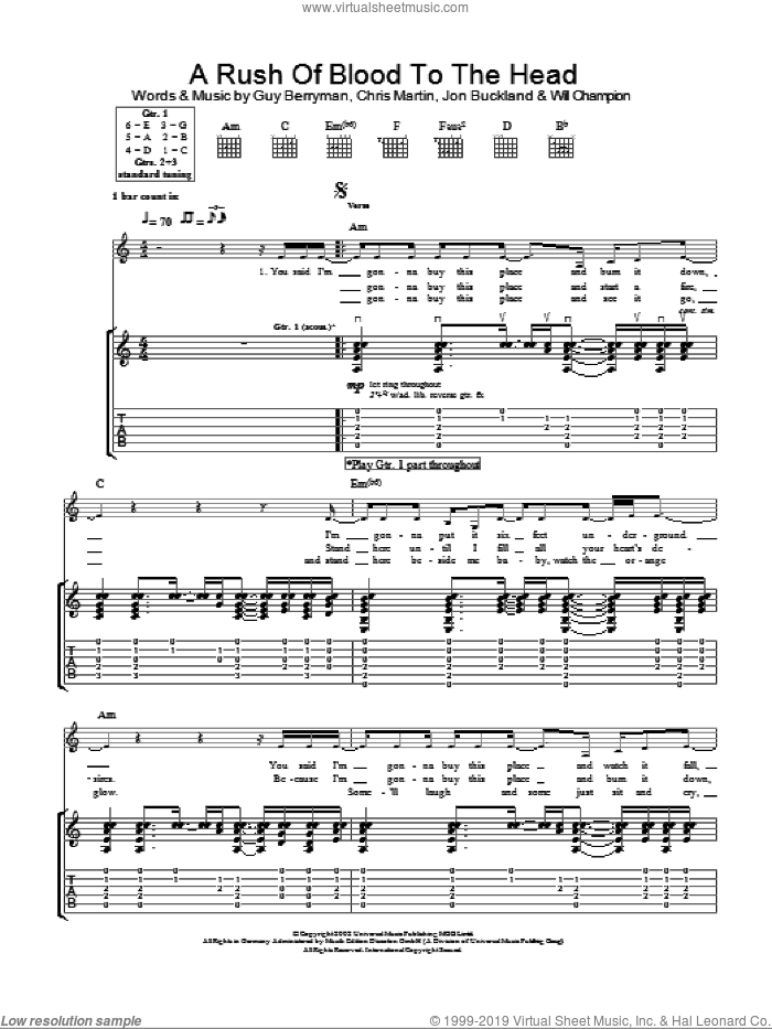 A Rush Of Blood To The Head sheet music for guitar (tablature) by Coldplay, Chris Martin, Guy Berryman, Jon Buckland and Will Champion, intermediate skill level
