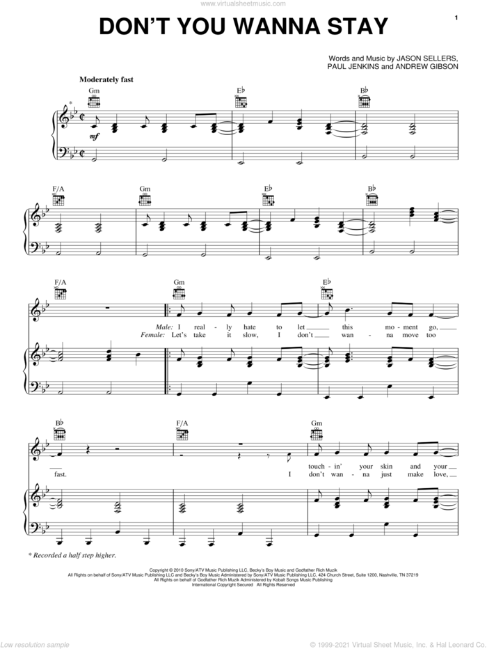 Don't You Wanna Stay sheet music for voice, piano or guitar by Jason Aldean featuring Kelly Clarkson, Jason Aldean, Kelly Clarkson, Andy Gibson, Jason Sellers and Paul Jenkins, intermediate skill level