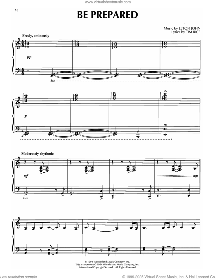 Be Prepared (from The Lion King) sheet music for piano solo by Elton John and Tim Rice, intermediate skill level