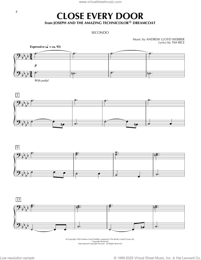 Close Every Door (from Joseph and the Amazing Technicolor Dreamcoat) sheet music for piano four hands by Andrew Lloyd Webber and Tim Rice, intermediate skill level