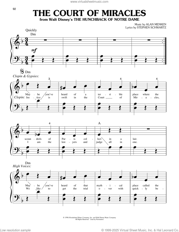 The Court Of Miracles (from The Hunchback Of Notre Dame) sheet music for piano solo (big note book) by Alan Menken, Alan Menken & Stephen Schwartz and Stephen Schwartz, easy piano (big note book)