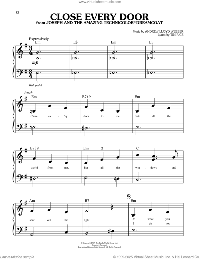 Close Every Door (from Joseph and the Amazing Technicolor Dreamcoat) sheet music for piano solo (big note book) by Andrew Lloyd Webber and Tim Rice, easy piano (big note book)