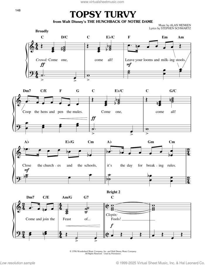 Topsy Turvy (from The Hunchback Of Notre Dame) sheet music for piano solo by Alan Menken, Alan Menken & Stephen Schwartz and Stephen Schwartz, easy skill level