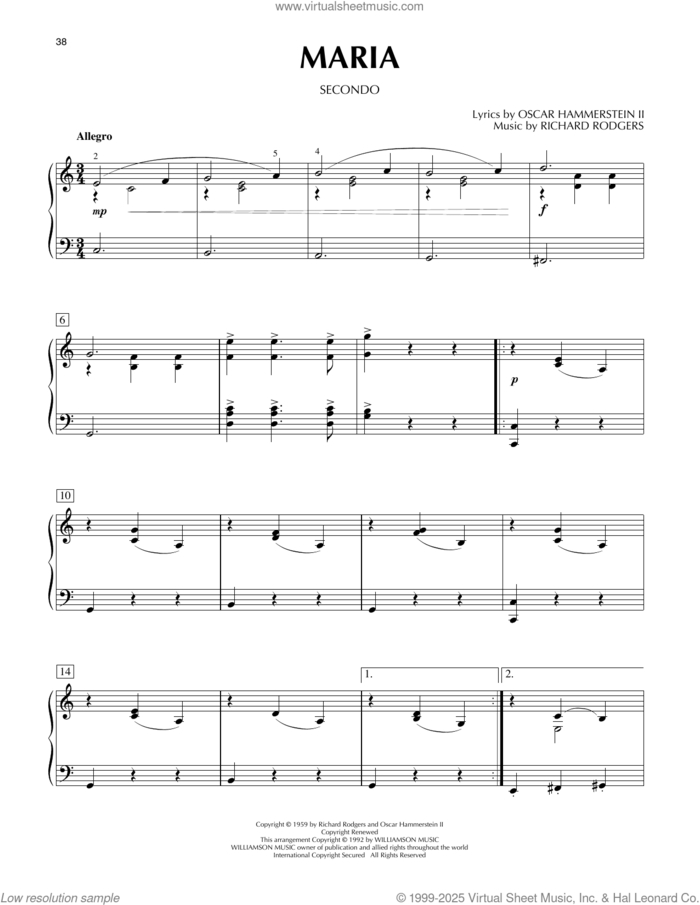 Maria (from The Sound Of Music) sheet music for piano four hands by Richard Rodgers, Oscar II Hammerstein and Rodgers & Hammerstein, intermediate skill level