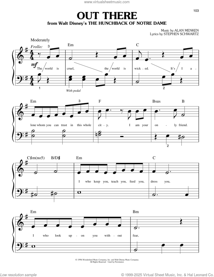 Out There (from The Hunchback Of Notre Dame) sheet music for piano solo (big note book) by Alan Menken, Alan Menken & Stephen Schwartz and Stephen Schwartz, easy piano (big note book)