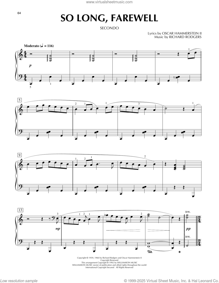 So Long, Farewell (from The Sound Of Music) sheet music for piano four hands by Richard Rodgers, Oscar II Hammerstein and Rodgers & Hammerstein, intermediate skill level