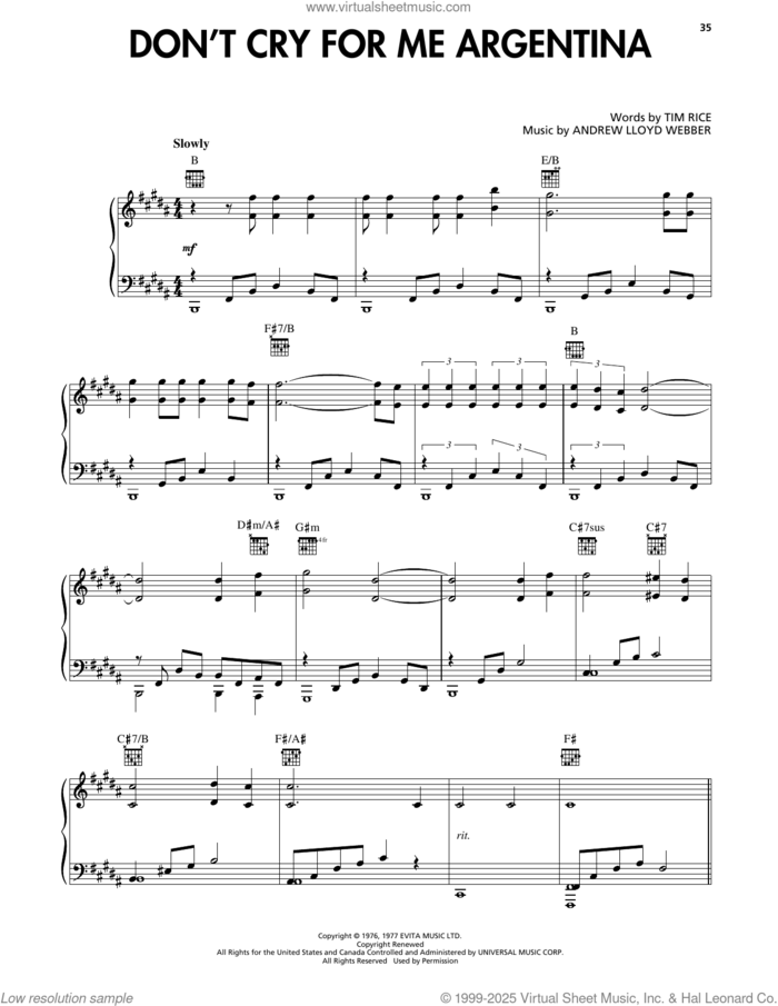 Don't Cry For Me Argentina (from Evita) sheet music for voice, piano or guitar by Andrew Lloyd Webber and Tim Rice, intermediate skill level