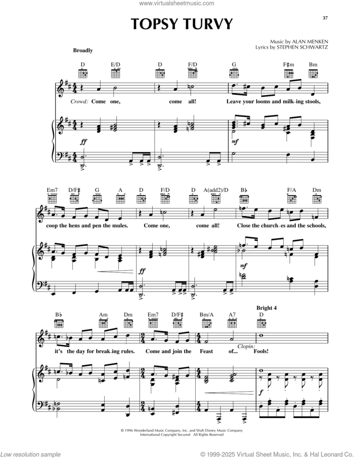 Topsy Turvy (from The Hunchback Of Notre Dame) sheet music for voice, piano or guitar by Alan Menken, Alan Menken & Stephen Schwartz and Stephen Schwartz, intermediate skill level