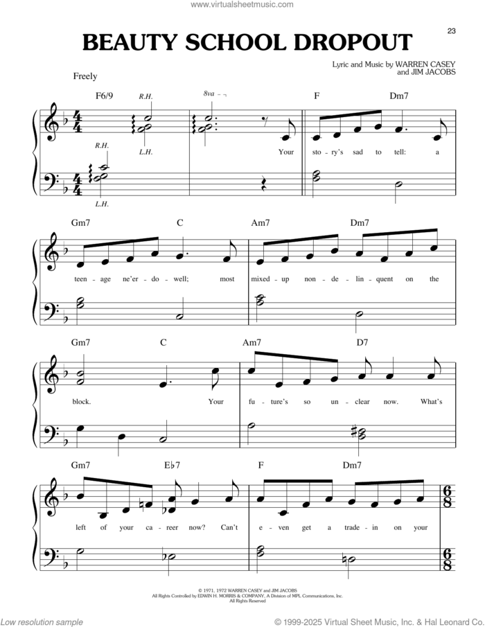 Beauty School Dropout (from Grease) sheet music for piano solo (big note book) by Jim Jacobs, Warren Casey and Warren Casey and Jim Jacobs, easy piano (big note book)