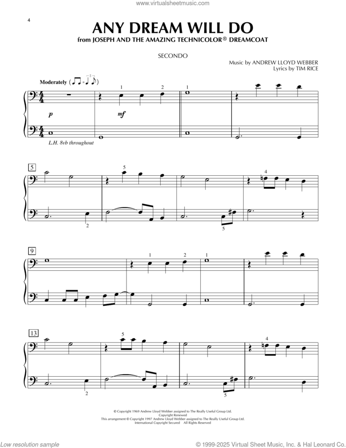 Any Dream Will Do (from Joseph And The Amazing Technicolor Dreamcoat) sheet music for piano four hands by Andrew Lloyd Webber and Tim Rice, intermediate skill level