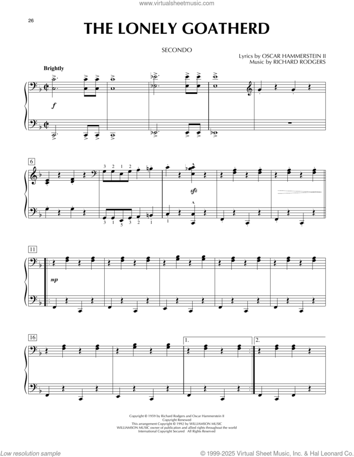 The Lonely Goatherd (from The Sound Of Music) sheet music for piano four hands by Richard Rodgers, Oscar II Hammerstein and Rodgers & Hammerstein, intermediate skill level