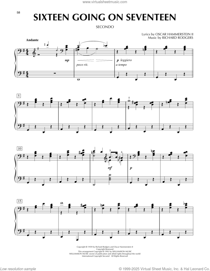 Sixteen Going On Seventeen (from The Sound Of Music) sheet music for piano four hands by Richard Rodgers, Oscar II Hammerstein and Rodgers & Hammerstein, intermediate skill level
