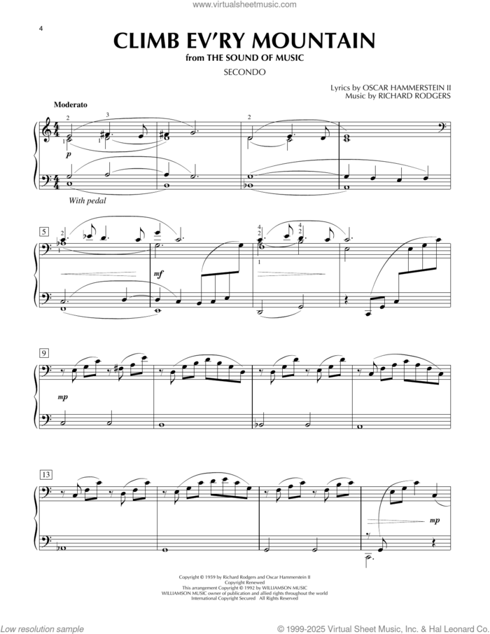 Climb Ev'ry Mountain (from The Sound Of Music) sheet music for piano four hands by Richard Rodgers, Oscar II Hammerstein and Rodgers & Hammerstein, intermediate skill level
