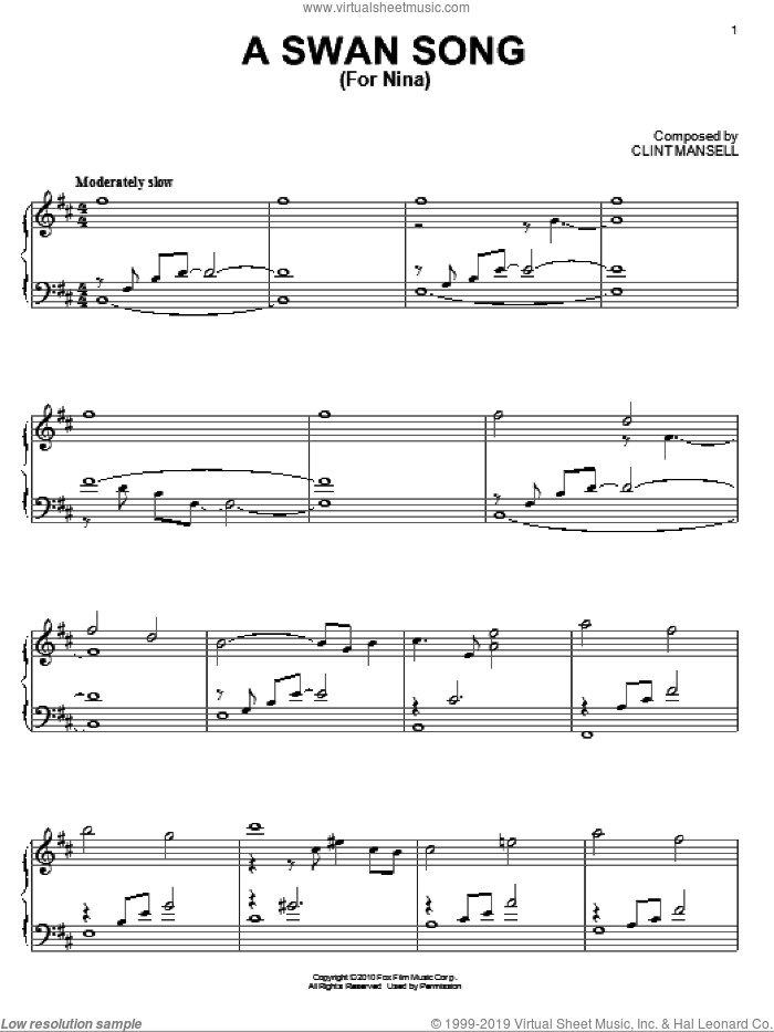 A Swan Song (For Nina) (from Black Swan) sheet music for piano solo by Clint Mansell and Black Swan (Movie), intermediate skill level