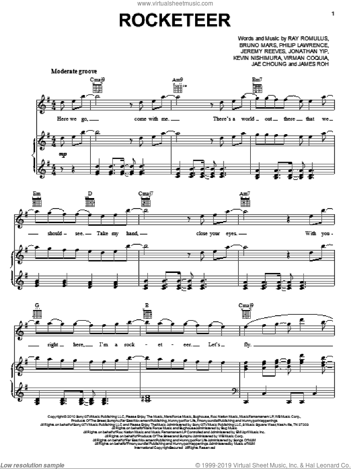 Rocketeer sheet music for voice, piano or guitar by Far East Movement, Bruno Mars, James Roh, Jeremy Reeves, Jonathan Yip, Philip Lawrence and Ray Romulus, intermediate skill level