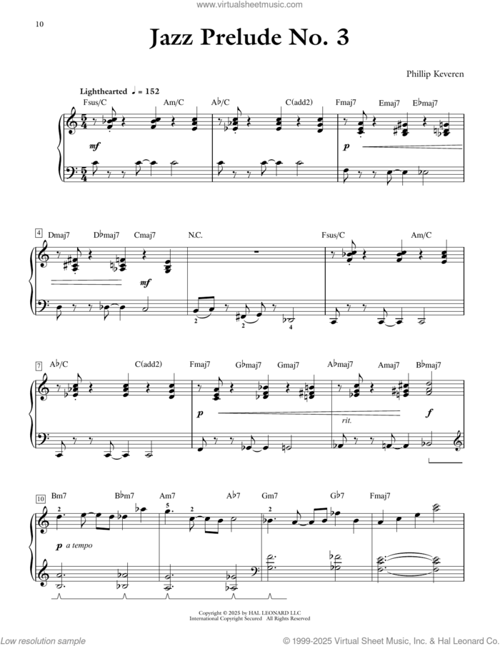 Jazz Prelude No. 3 sheet music for piano solo by Phillip Keveren, intermediate skill level