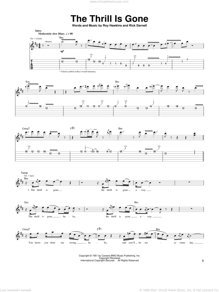 The Thrill Is Gone sheet music for guitar (tablature) by B.B. King, Rick Darnell and Roy Hawkins, intermediate skill level