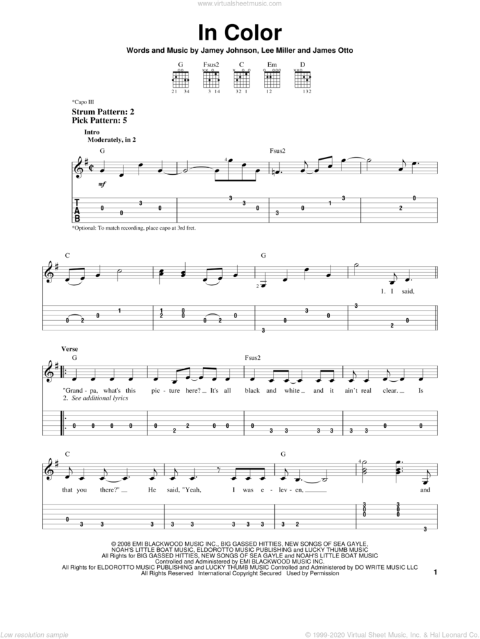 In Color sheet music for guitar solo (easy tablature) by Jamey Johnson, James Otto and Lee Thomas Miller, easy guitar (easy tablature)