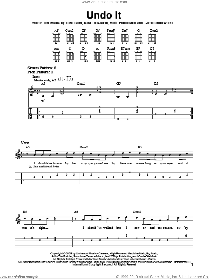Undo It sheet music for guitar solo (easy tablature) by Carrie Underwood, Kara DioGuardi, Luke Laird and Marti Frederiksen, easy guitar (easy tablature)