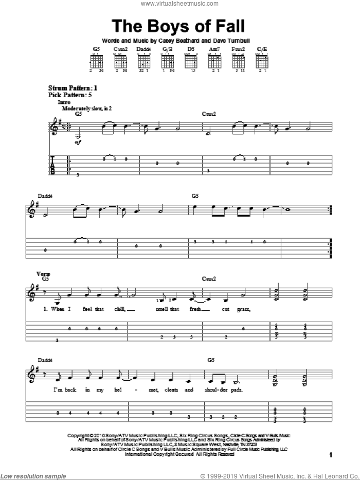 The Boys Of Fall sheet music for guitar solo (easy tablature) by Kenny Chesney, Casey Beathard and Dave Turnbull, easy guitar (easy tablature)