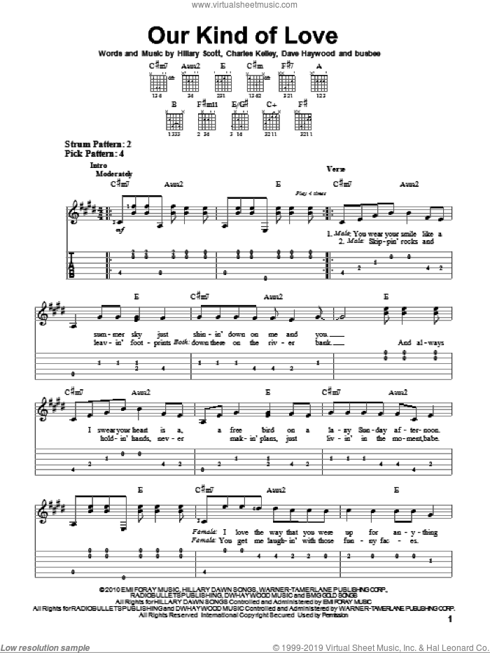 Our Kind Of Love sheet music for guitar solo (easy tablature) by Lady Antebellum, Lady A, busbee, Charles Kelley, Dave Haywood and Hillary Scott, easy guitar (easy tablature)