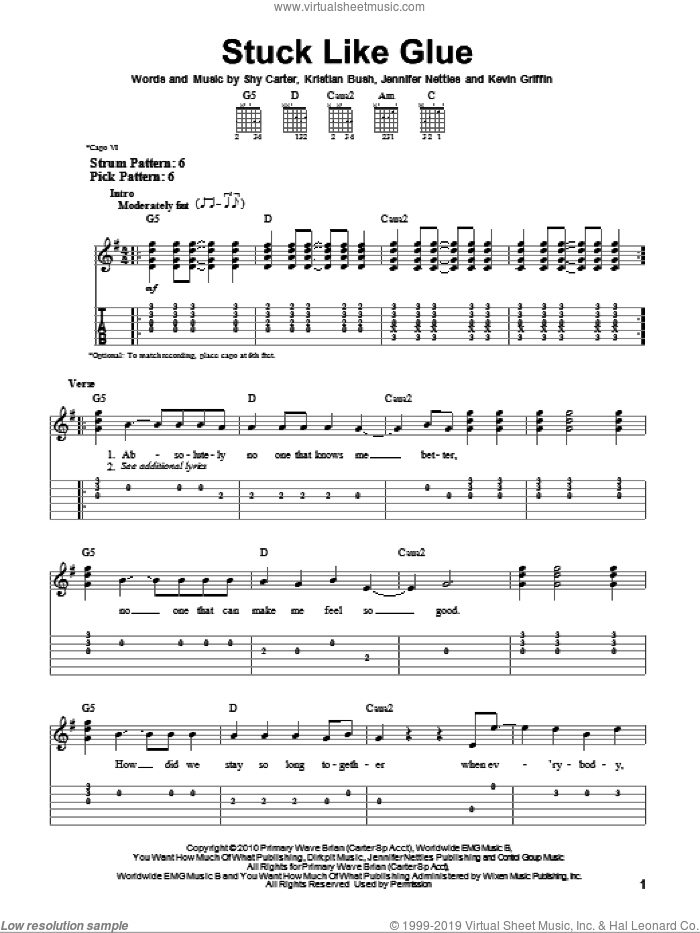 Stuck Like Glue sheet music for guitar solo (easy tablature) by Sugarland, Jennifer Nettles, Kevin Griffin, Kristian Bush and Shy Carter, easy guitar (easy tablature)