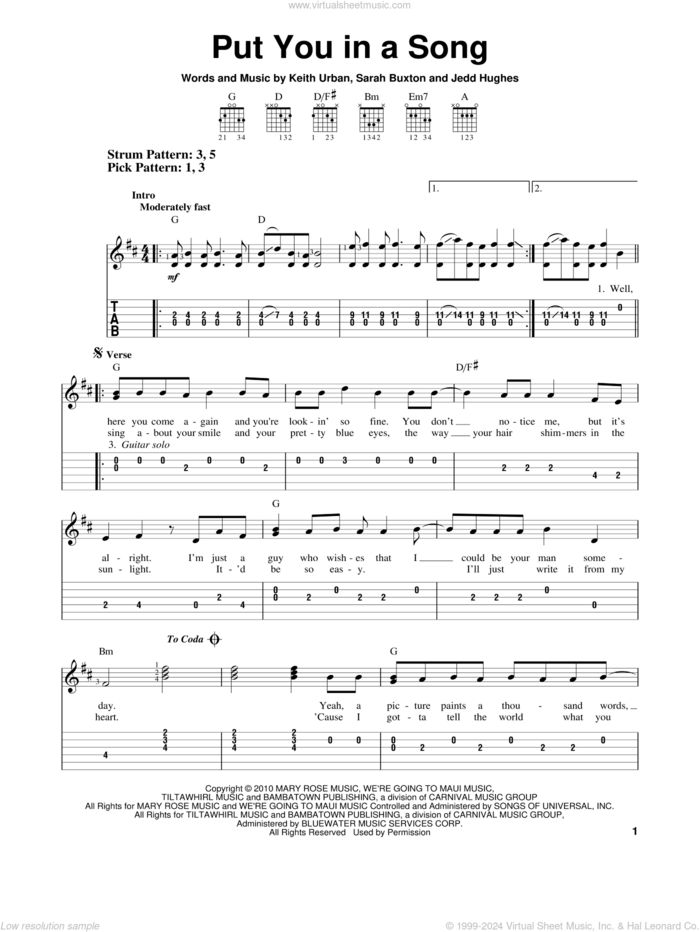 Put You In A Song sheet music for guitar solo (easy tablature) by Keith Urban, Jedd Hughes and Sarah Buxton, easy guitar (easy tablature)