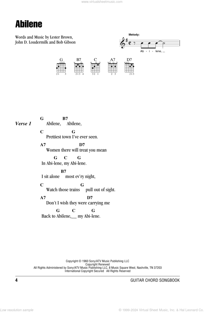 Abilene sheet music for guitar (chords) by George Hamilton IV, Bob Gibson, John D. Loudermilk and Lester Brown, intermediate skill level
