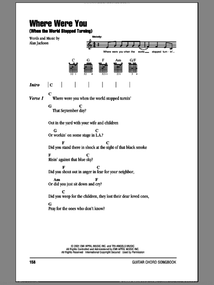 Where Were You (When The World Stopped Turning) sheet music for guitar (chords) by Alan Jackson, intermediate skill level
