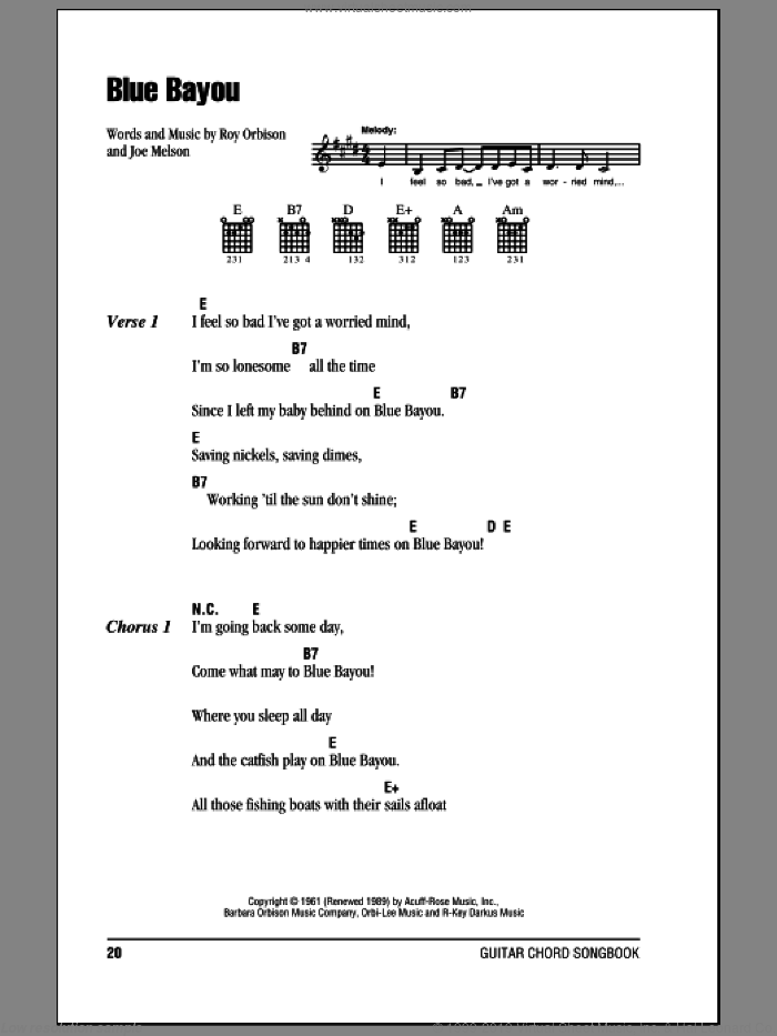 Blue Bayou sheet music for guitar (chords) by Roy Orbison, Linda Ronstadt and Joe Melson, intermediate skill level
