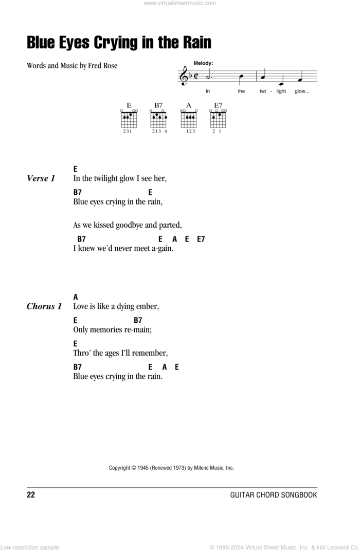 Blue Eyes Crying In The Rain sheet music for guitar (chords) by Willie Nelson, Elvis Presley and Fred Rose, intermediate skill level