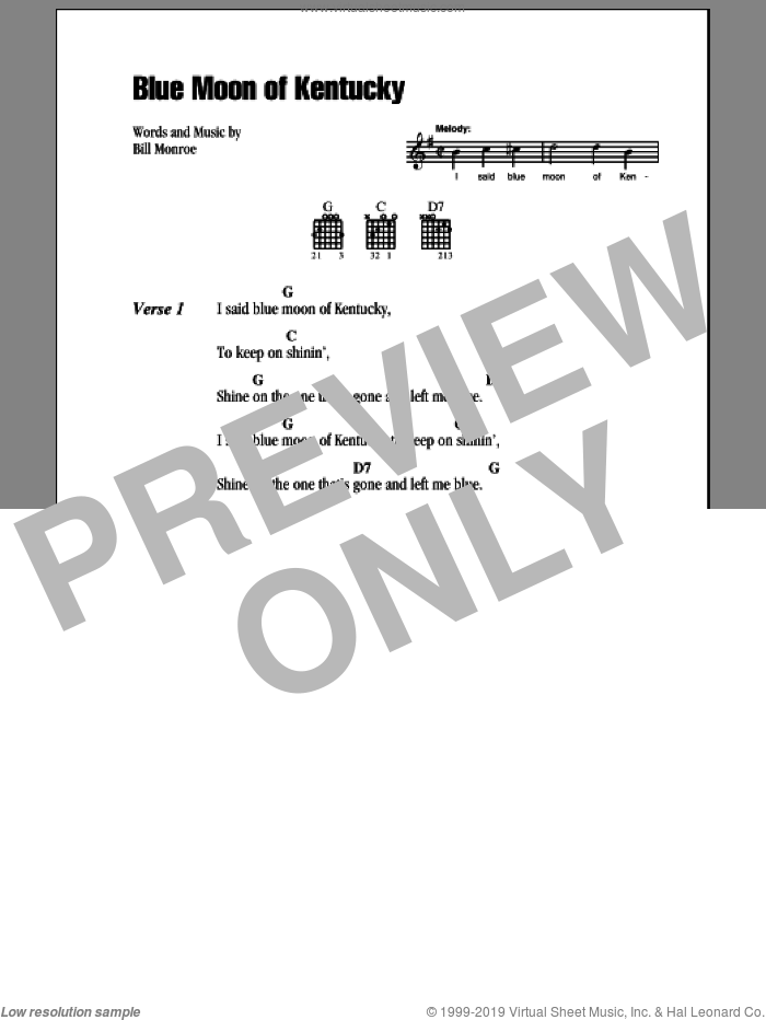 Blue Moon Of Kentucky sheet music for guitar (chords) by Bill Monroe, Elvis Presley and Patsy Cline, intermediate skill level